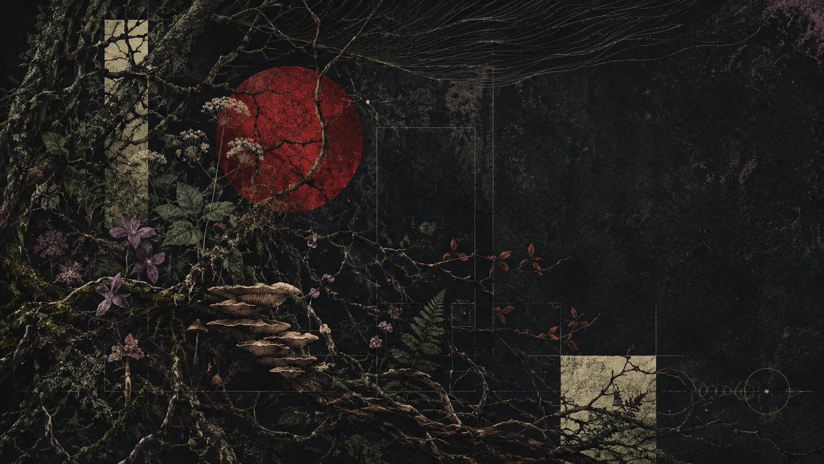 A night garden of branches, mushrooms, archival geometry, and a red sun